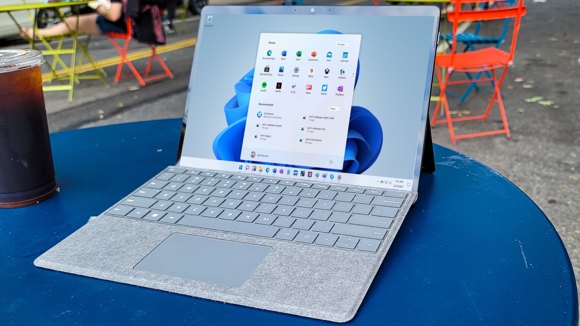 Surface Pro 8 outside on a table showing Windows 11 desktop