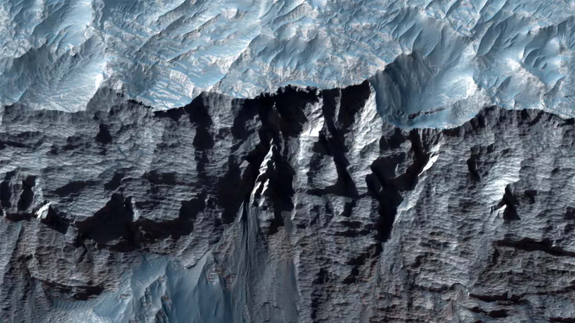 A close-up photo of part of Mars' Valles Marineris, the single largest canyon in the solar system.