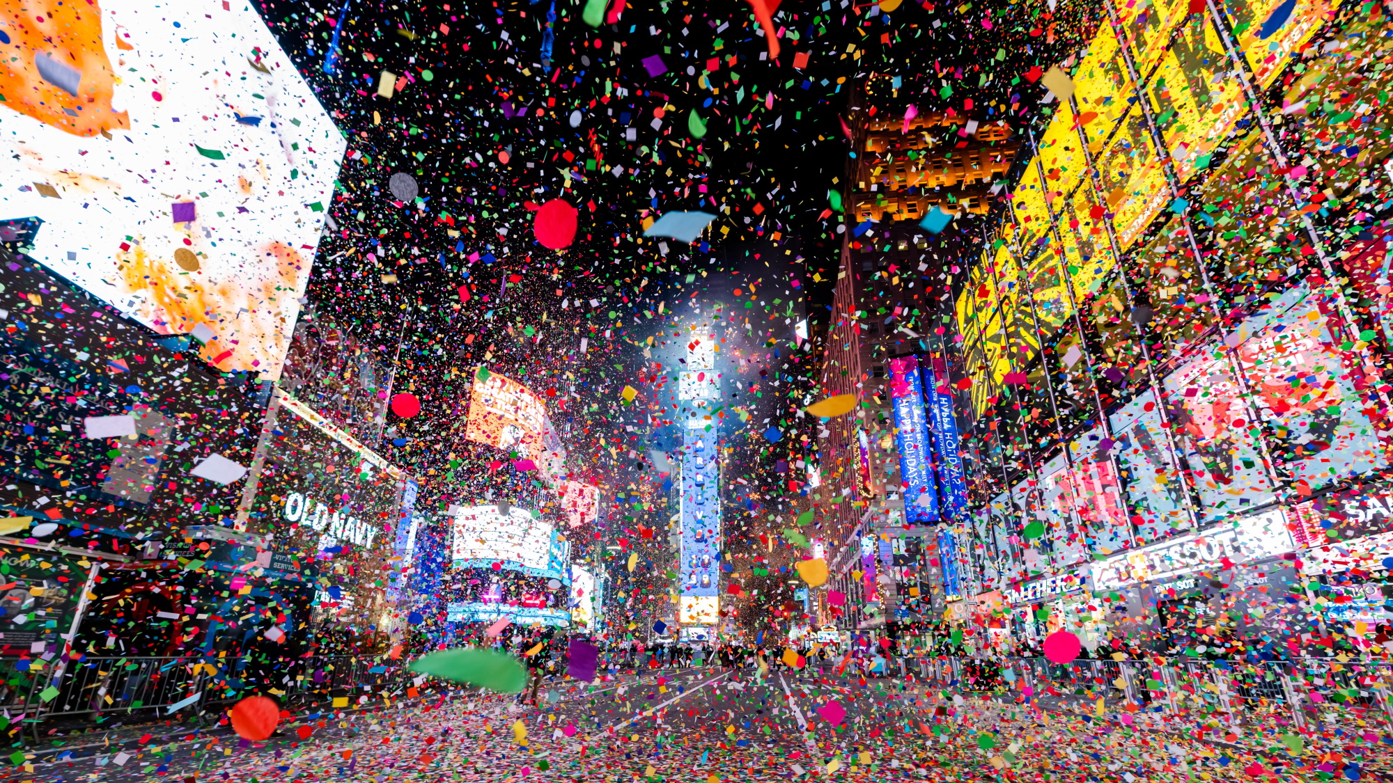 Times Square sits empty while fireworks and confetti are displayed at the 2021 New Year's Eve celebration in Times Square on December 31, 2020