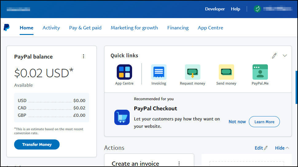 PayPal web dashboard
