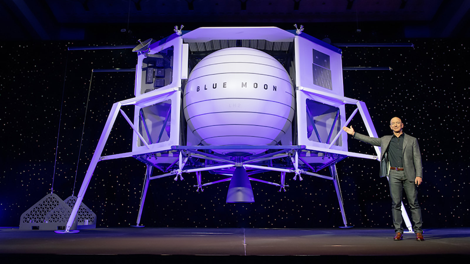 Jeff Bezos Standing Next To Blue Moon, Blue Origin's Proposed Lunar Lander