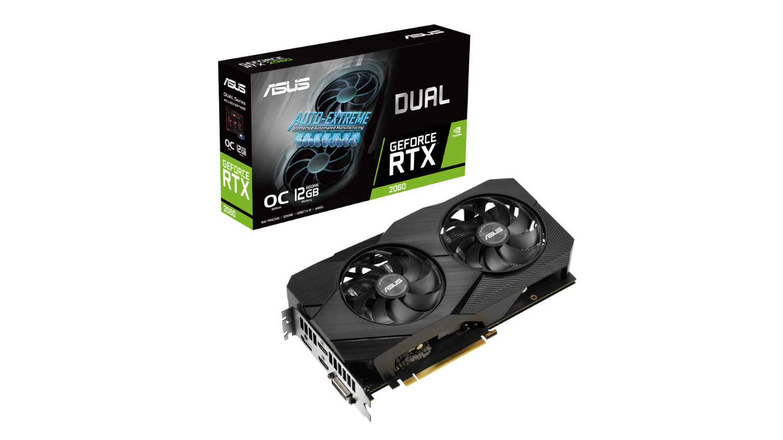 Asus Dual RTX 2060 12GB graphics card shown with box
