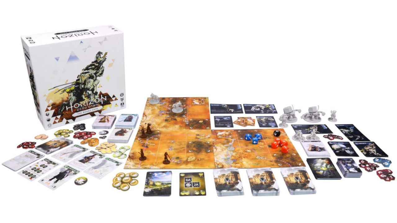 The components and box of the Horizon Zero Dawn board game laid out