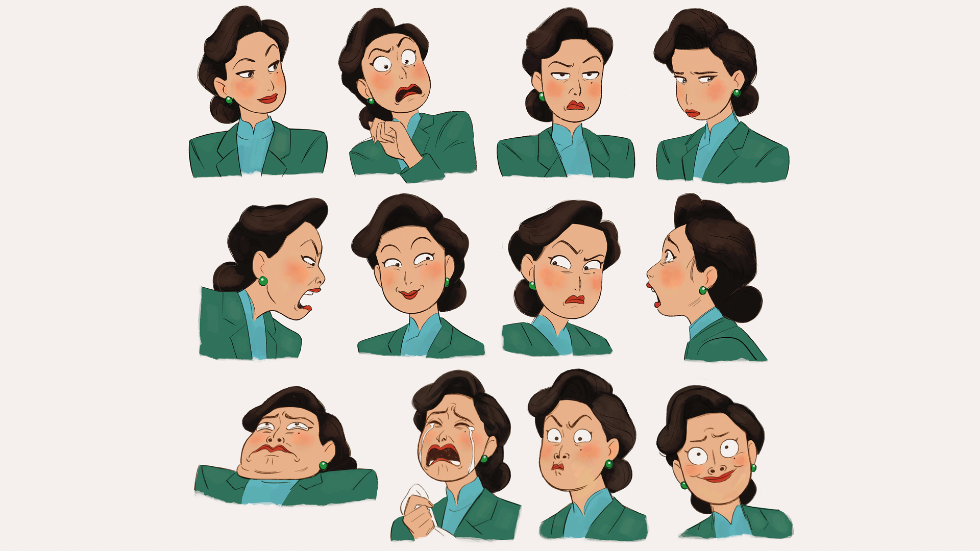 Concept art of Ming's various facial expressions in Turning Red