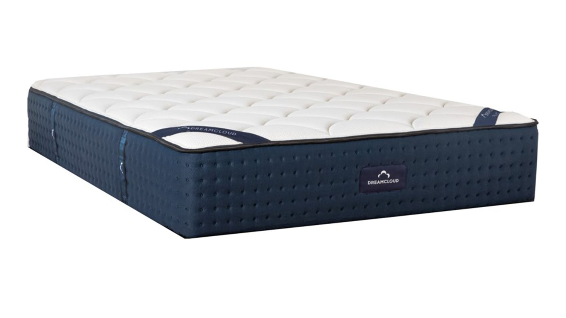 Memory foam vs hybrid mattresses: Image shows the DreamCloud Luxury Hybrid with navy base and white top