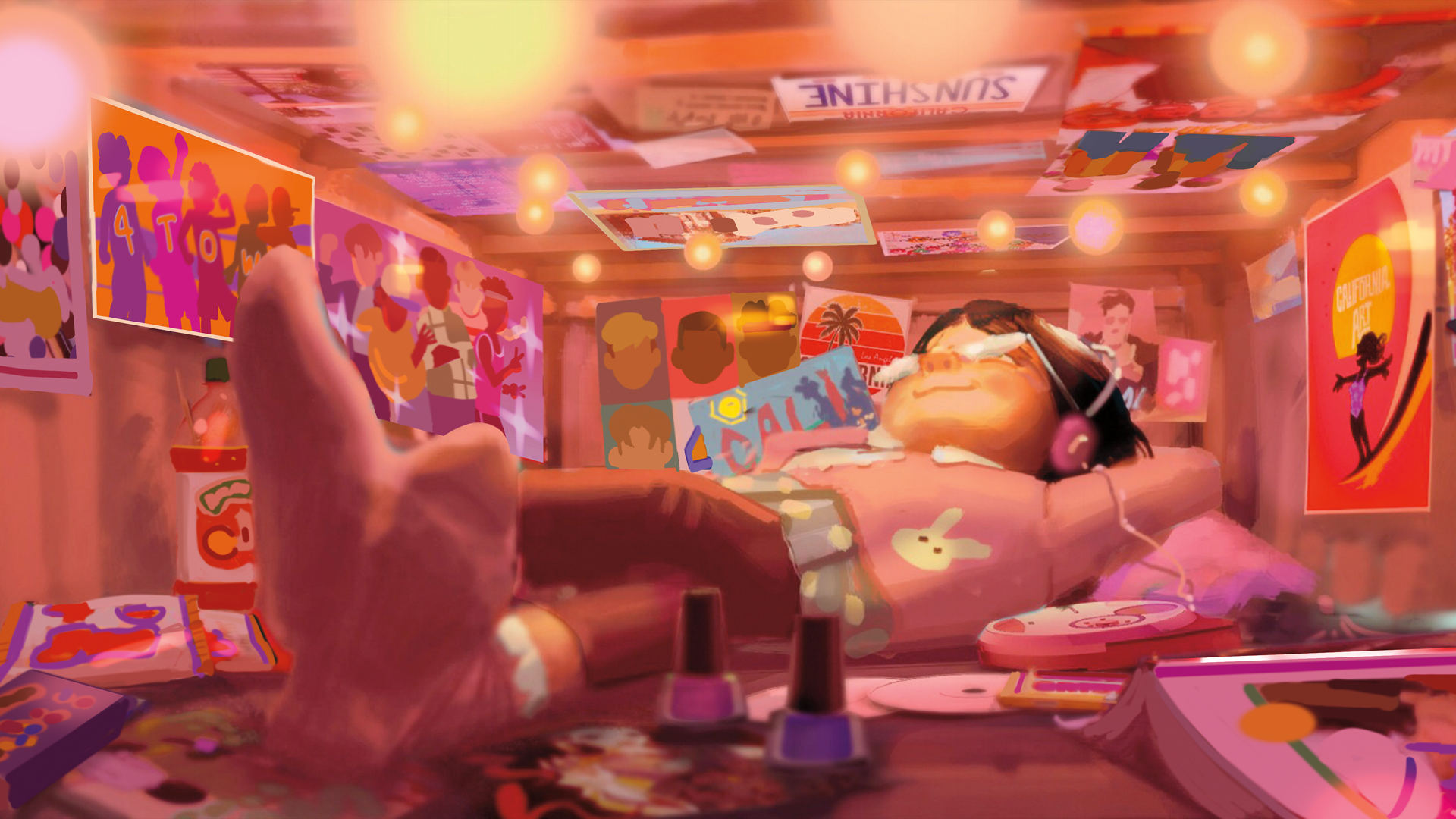 Mei relaxes under her bed in this Turning Red concept art